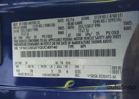 2016 Ford Escape Se from USA, damaged, VIN 1FMCU9GX1GUC49740